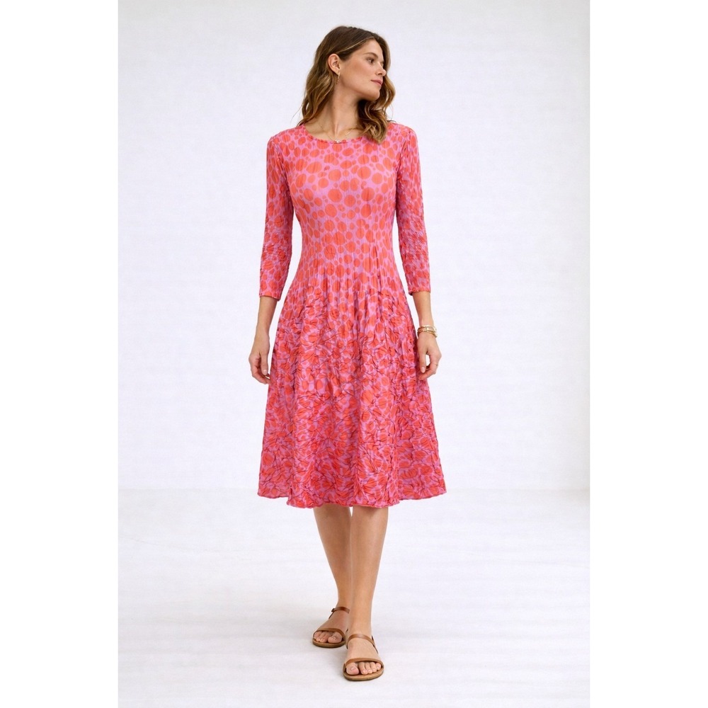 Alquema Smash Pocket Dress Pink Orange Polka Dot 3/4 Sleeve Midi Size 0 US S
